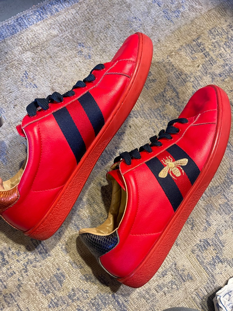 Gucci Red Leather Sneakers With Black Stripe And Gold Bee